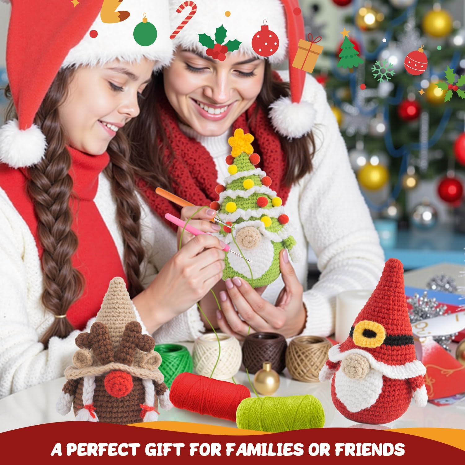 POP COCHE Christmas Crochet Kit for Beginners, Crochet Starter Kits for Adults, Amigurumi Craft Knitting Crochet Animal Kit with Step-by-Step Video Tutorials, 3 Christmas Gnomes (40%+ Yarn)