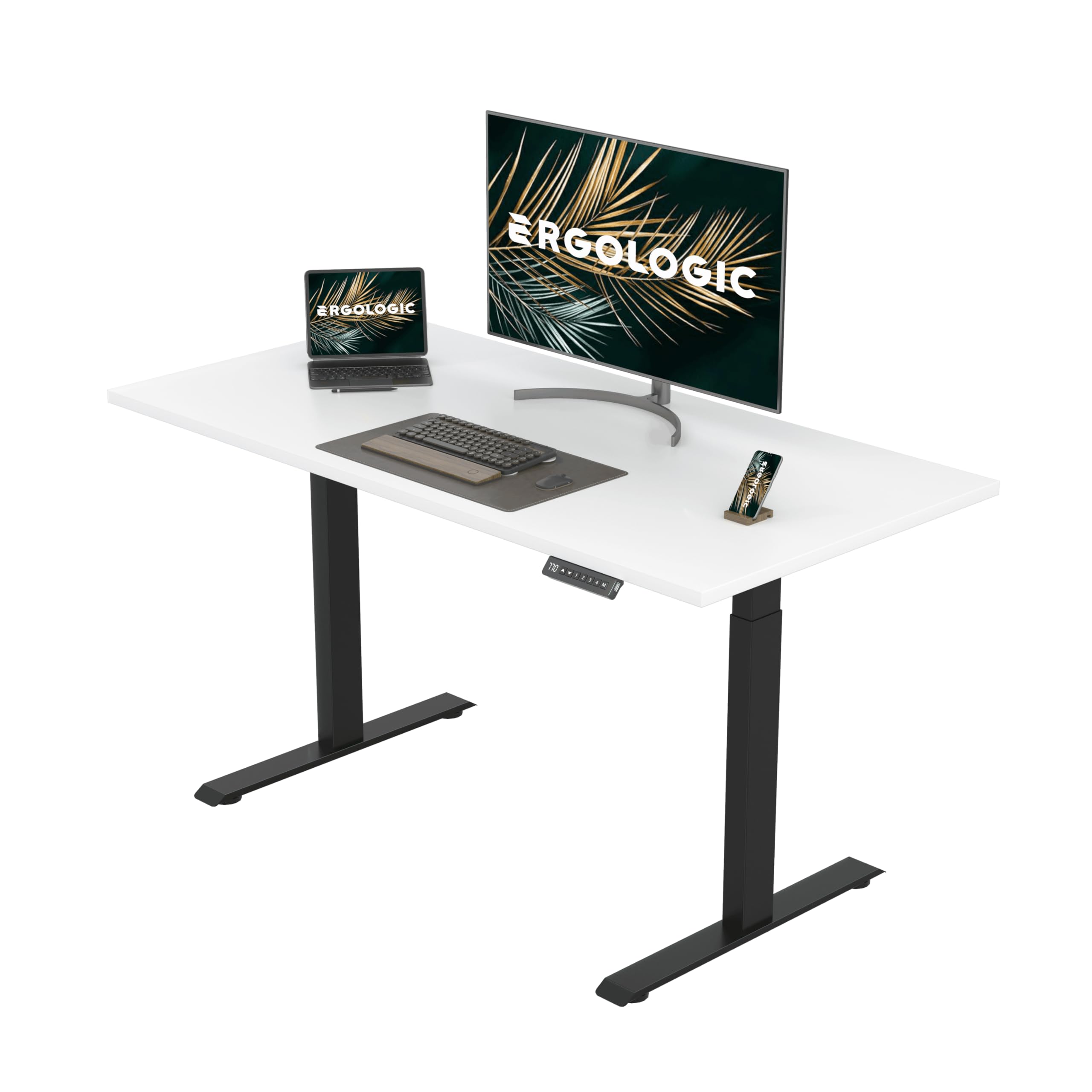 Ergologic Height Adjustable Table - Electric Dual Motor 2 Stage - Ergonomic Sit to Standing Computer Desk for Home Office, 100 KG Capacity, Black Color Base - with Frosty White, 1500mm x 750mm Top