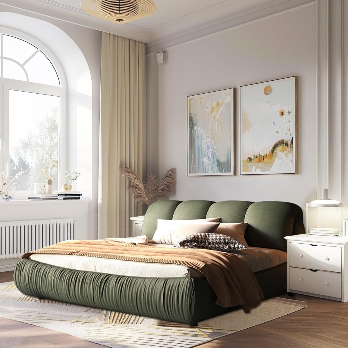 MAKIAAP Queen Size Cloud Bed Frame with Oversized Padded Backrest and Solid Wood Frame, Luxury Upholstered Platform Bed for Bedroom, Apartment, No Box Spring Needed, Green