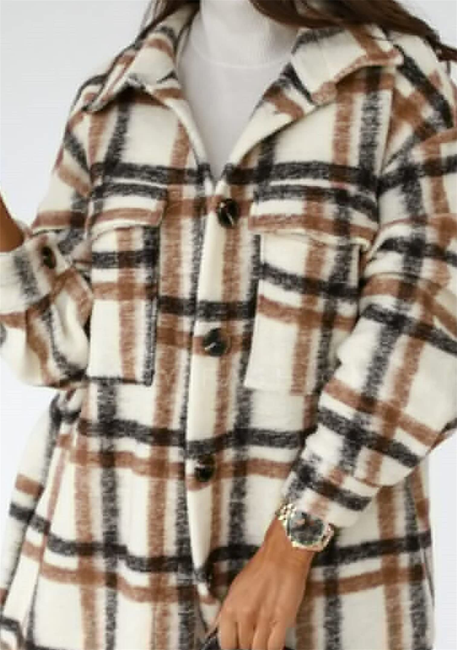 Donna Cappotto Con Risvolto Baggy Button Shackets Camicetta A Maniche Lunghe Casual Check Blouse Outfit Con Tasche