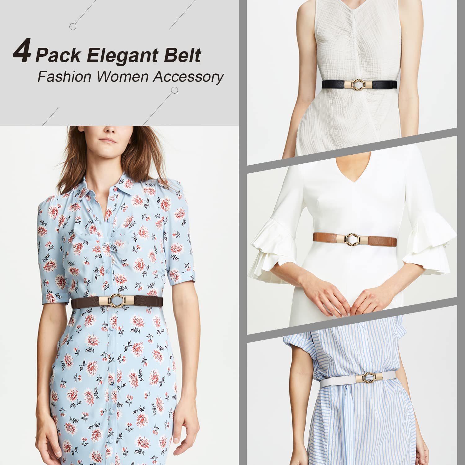 WERFORU Women Skinny Belt for Dresses Retro Stretch Waist Belt with Gold Buckle Set of 4