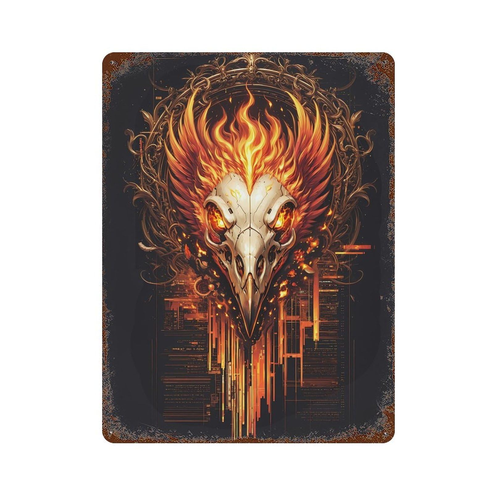 Rusty Metal Tin Sign with Flame Phoenix Skull Coding Design 15.7"x11.8", for Shed, Workshop And Garage Wall Decor, Classic Wall Plaque
