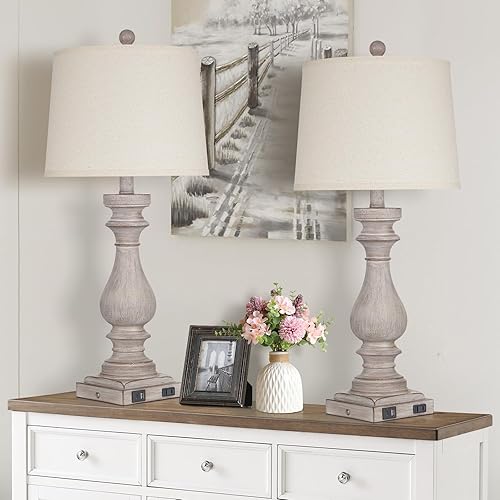 Miniatura 6 de Juego de 2 lámparas de mesa de 29 pulgadas de alto para sala de estar, lámparas vintage para mesita de noche con puertos USB C+A y salida de CA,