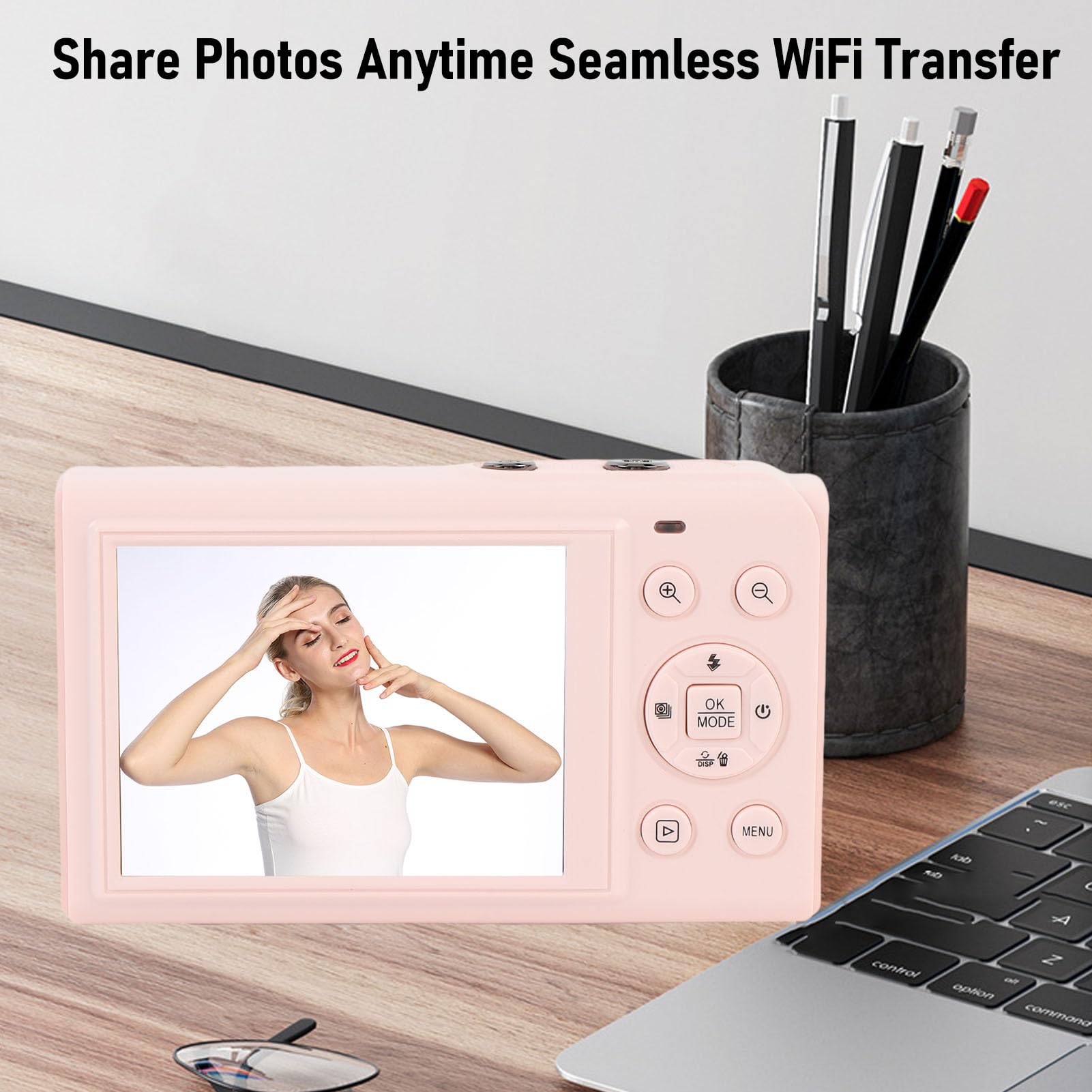 Diyeeni Aparat Cyfrowy, Kamera FHD 5K 80 MP z Podwójnym Ekranem, 18-krotnym Zoomem, Automatycznym Ustawianiem Ostrości, Aparat dla Dzieci z Wi-Fi, Filtrami, kartą 32 GB, Kompaktowe Małe (PINK)