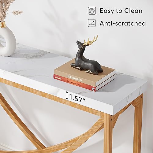 Miniatura 7 de Tribesigns Mesa consola de entrada con parte superior de mármol sintético blanco de 43 pulgadas mesas modernas de sofá de entrada con base de madera
