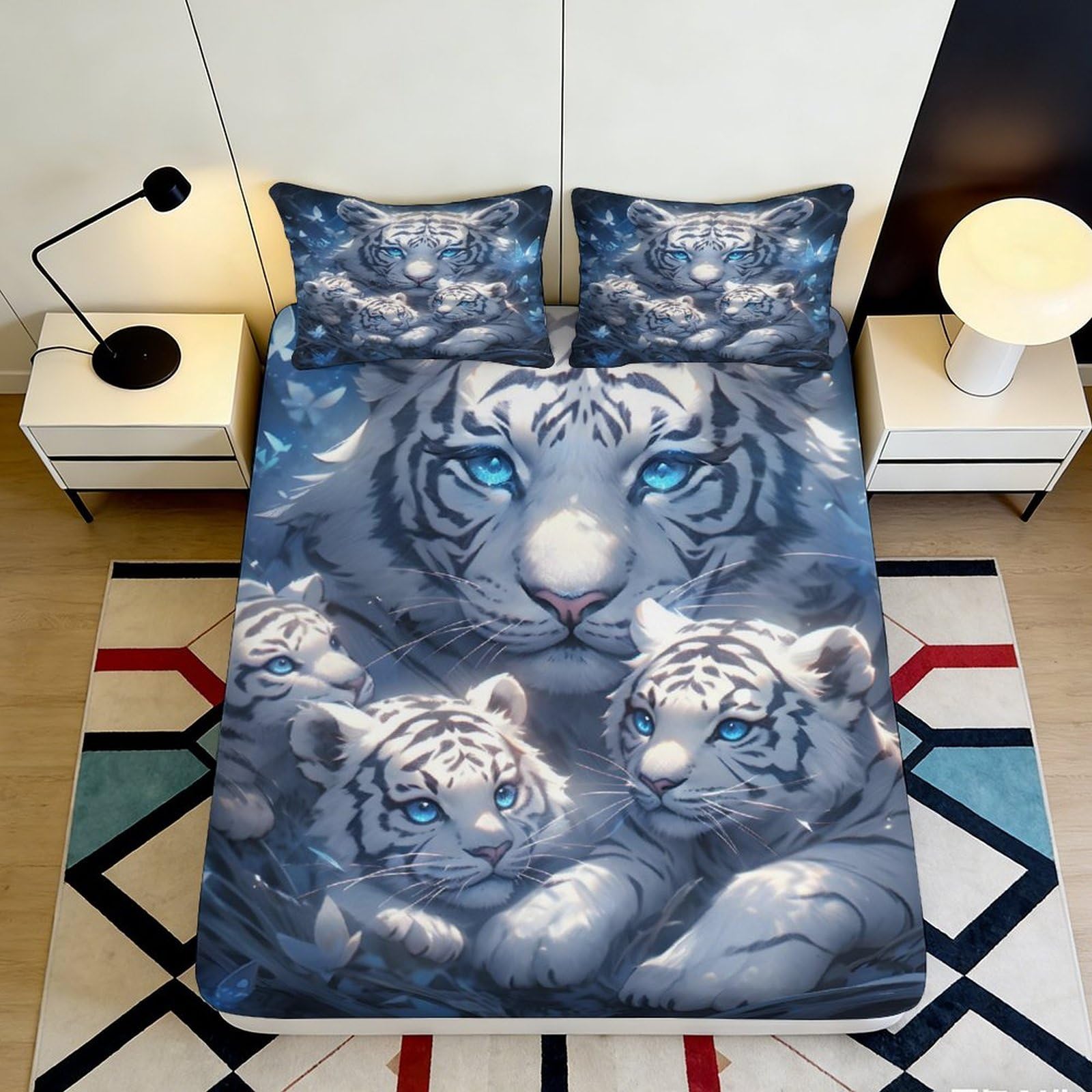 3D Printed White Tiger Family Fitted Sheet Microfiber Soft Blue Eyes Animal Bed Cover for Bedroom Dorm Mattress Decor 90x200x25cm