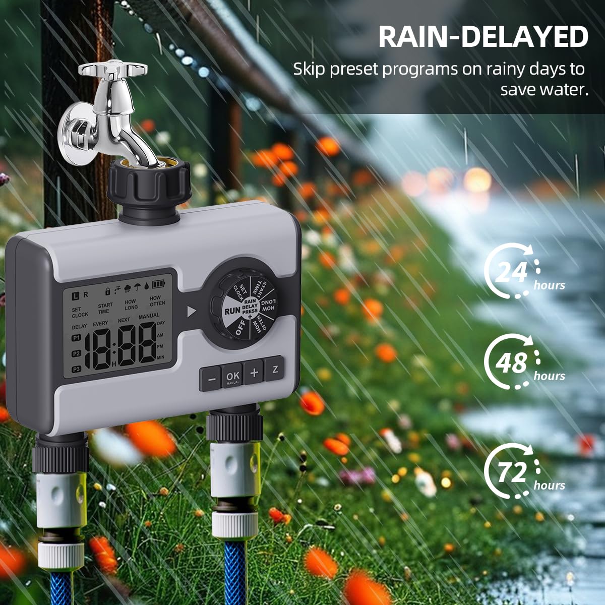 Aqualin Water Timer Digital Programmable Garden Sprinkler Timer 2 Outlet Irrigation System Controller Rain Delay Manual Watering Automatic for Yard - Image 4