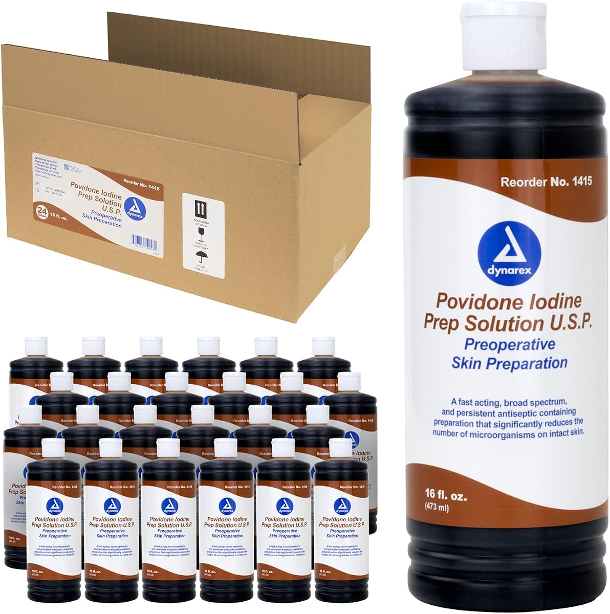 Dynarex Povidone Iodine Prep Solution USP, antiséptico tópico eficaz para la limpieza y preparación de la piel antes de procedimientos médicos, marrón, 1 caja, botella de 24-16 onzas líquidas | Fórmula líquida, preparación de la piel antes de los procedimientos, quemaduras por cortes menores, cuidado de la dermatitis, uso en niños, vida útil de 365 días, libre de alérgenos