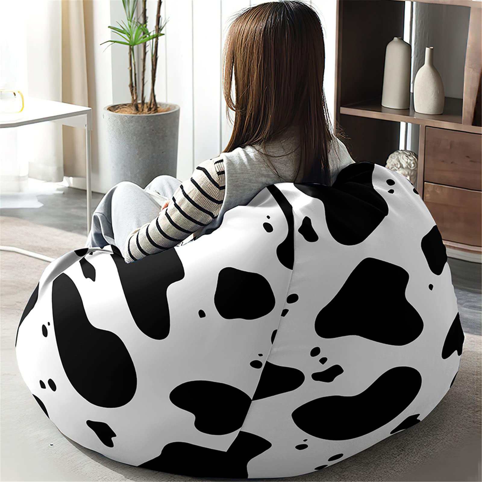 Treer Zitzak hoes zonder vulling, koe patroon ultra zacht katoen linnen zitzak stoel cover groot voor kinderen en volwassenen, rits zitzak stoel sofa cover - organizer (100x120cm, kaki kleur