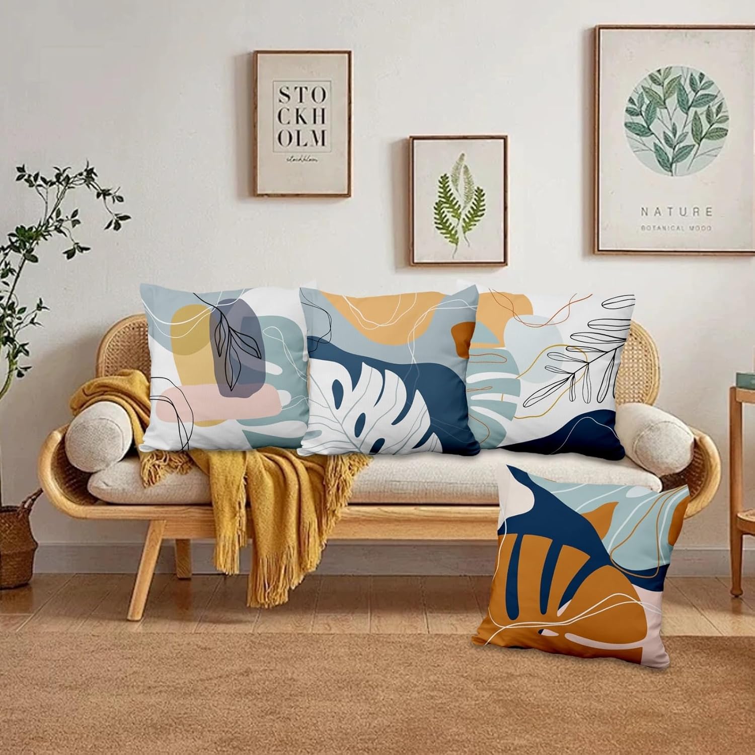 Abstract Palm Leaves Pillow Covers 18''x18'' Set of 4, Modern Geometric Line Pattern Cushion Covers Decorative Tropical Print Pillow Cases for Couch Sofa Bedroom Farmhouse Garden Patio