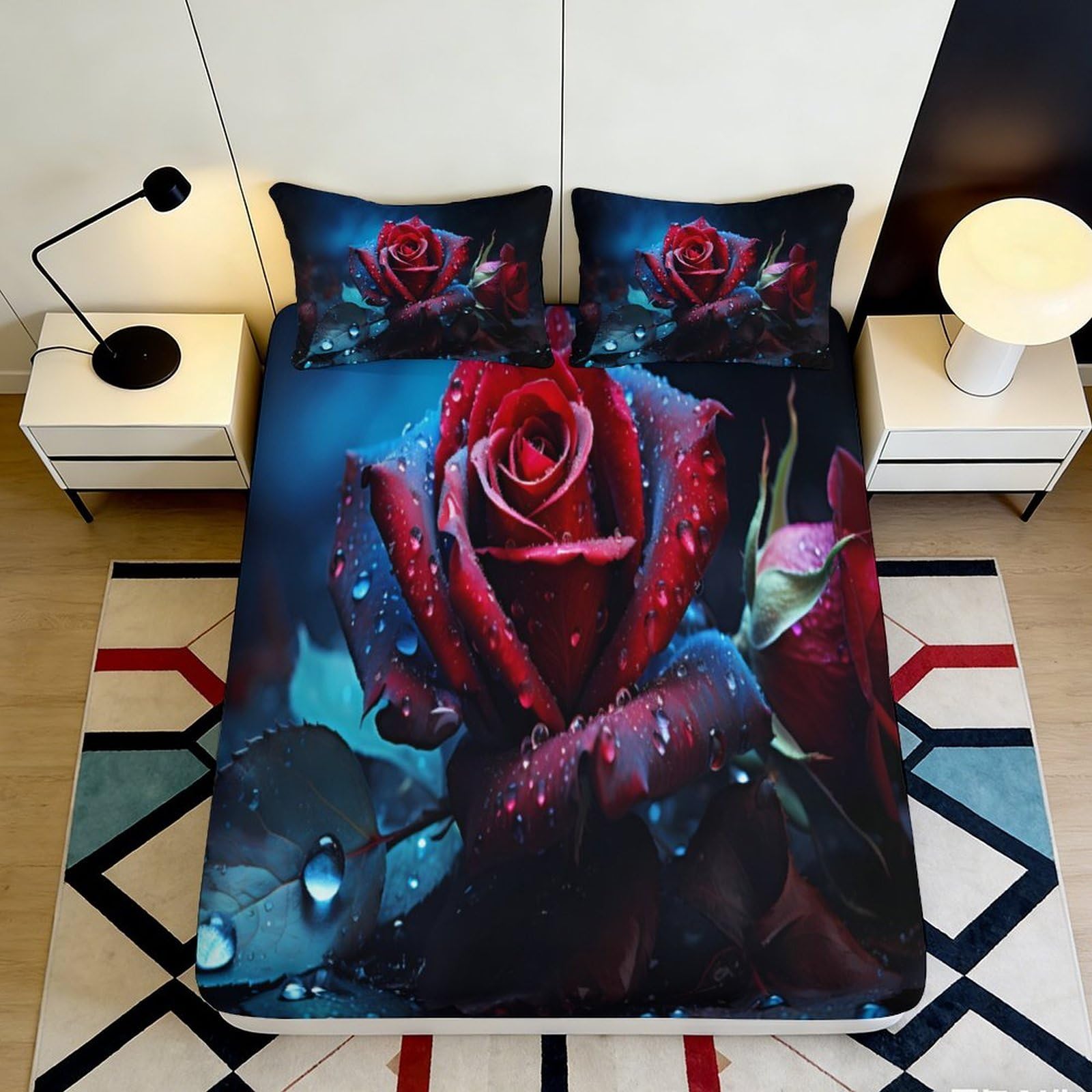Pnayamiorkfel Style-1 3D Printed Red Rose Fitted Sheet Microfiber Decorative Water Droplet Floral Bed Cover For Bedroom Guest Room Dorm Mattress Protection 90X200x25cm