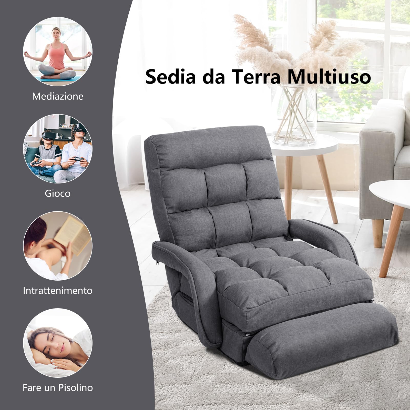 COSTWAY Poltrona Divano con 5 Livelli Regolabili, Sedia da Terra con Braccioli e Cuscino, Struttura in Acciaio, Multifunzione e Pieghevole per Soggiorno Camera da Letto, 55x66x71 cm (Grigio)