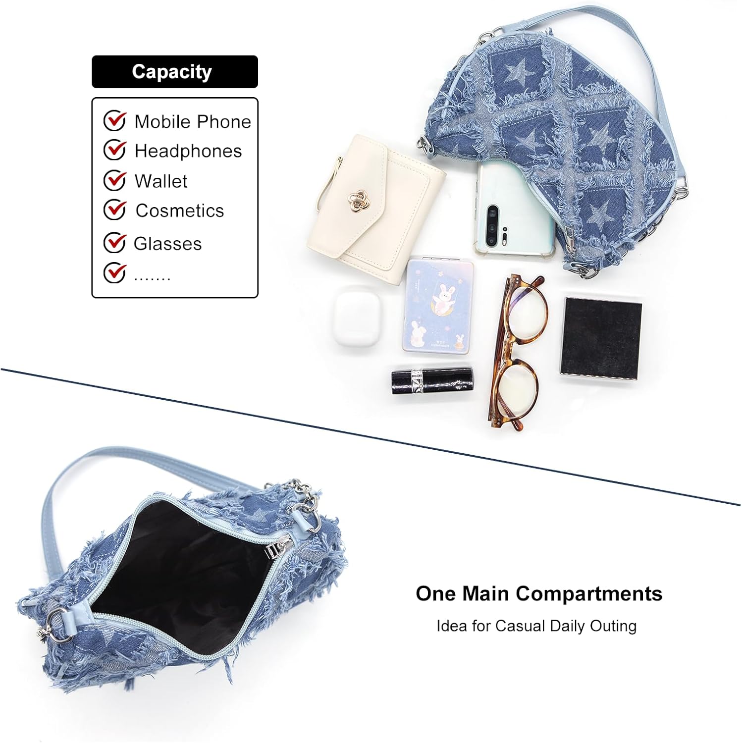 YAMEIZE Quilted Denim Shoulder Bag for Women Star Pattern Clutch Hobo Bag Small Tote Handbag with Zipper Closure - Image 5