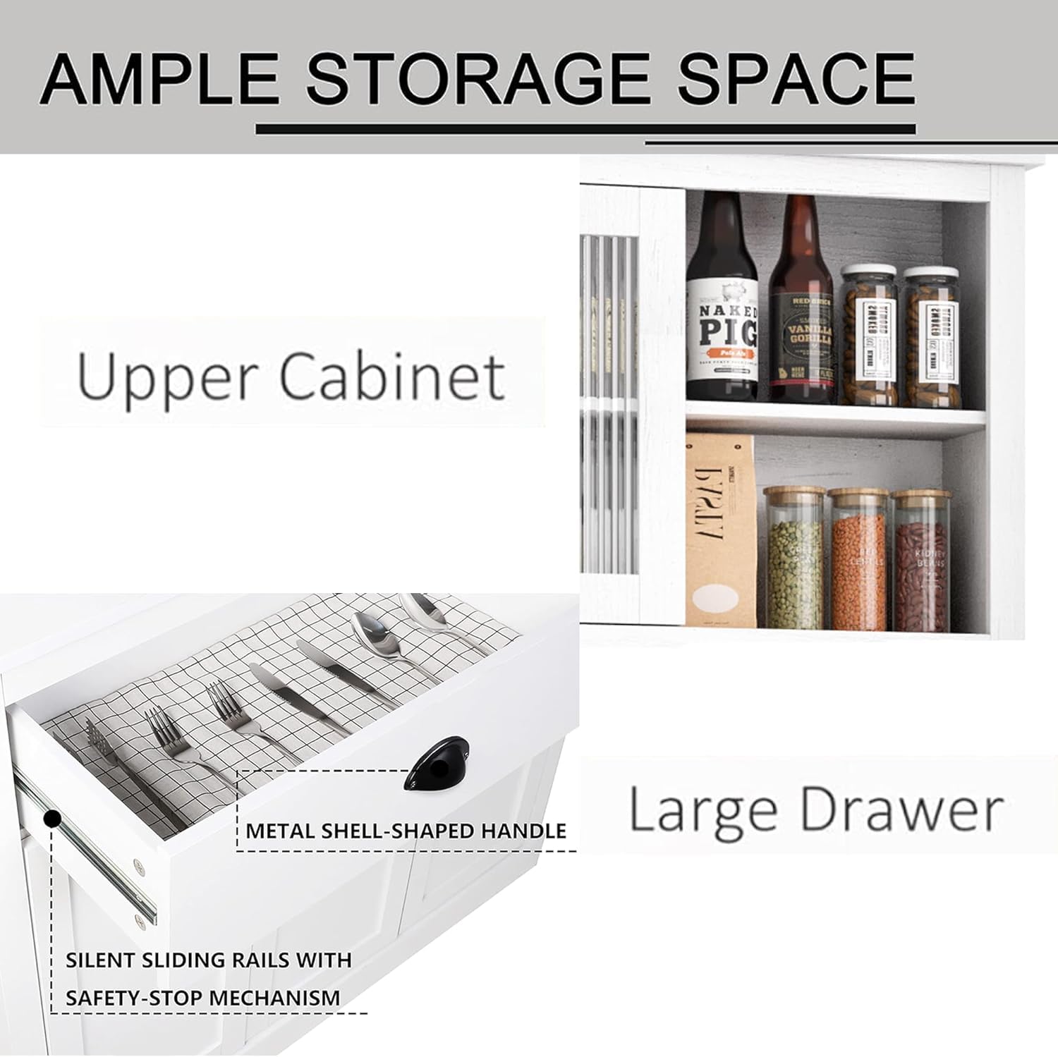 Garvee Dispensa da cucina con cassetti e ripiani regolabili, altezza 180,3 cm, mobiletto autoportante per bar, cucina, sala da pranzo, bianco