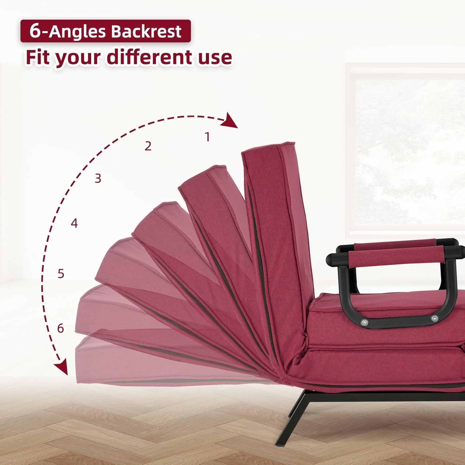 Convertible Sofa Bed Sleeper Chair,Single Person Chaise Lounge Couch with Pillow,Upholstered Lazy Bed with 6 Angles Adjustable Backrest,Folding Sofa Arm Chair for Apartment/Office/Home (Red)