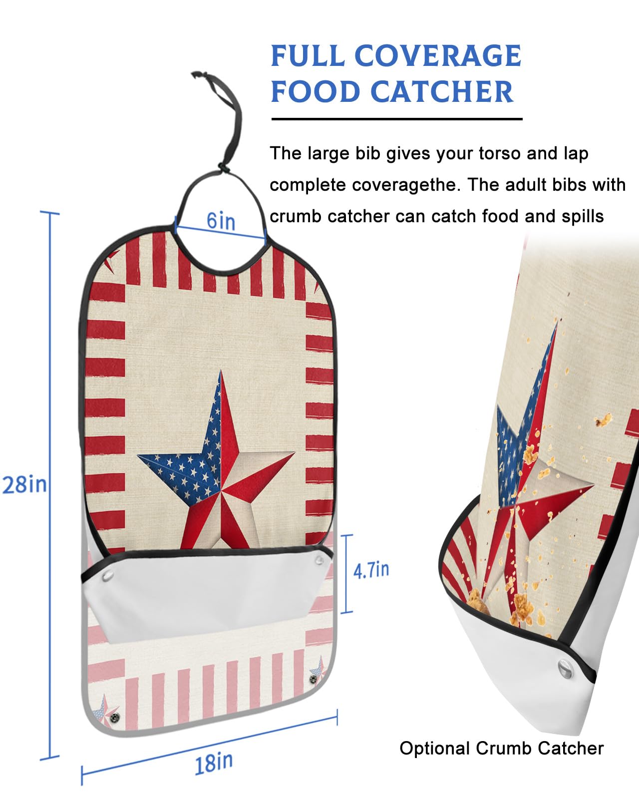 Kewadony Adult Bibs for Elderly Women - 4th of July Star Waterproof Dining Clothing Protectors with Crumb Catcher for Eating/Feeding, American Flag Star Vintage Red Striped Terry Cloth Bib Washable