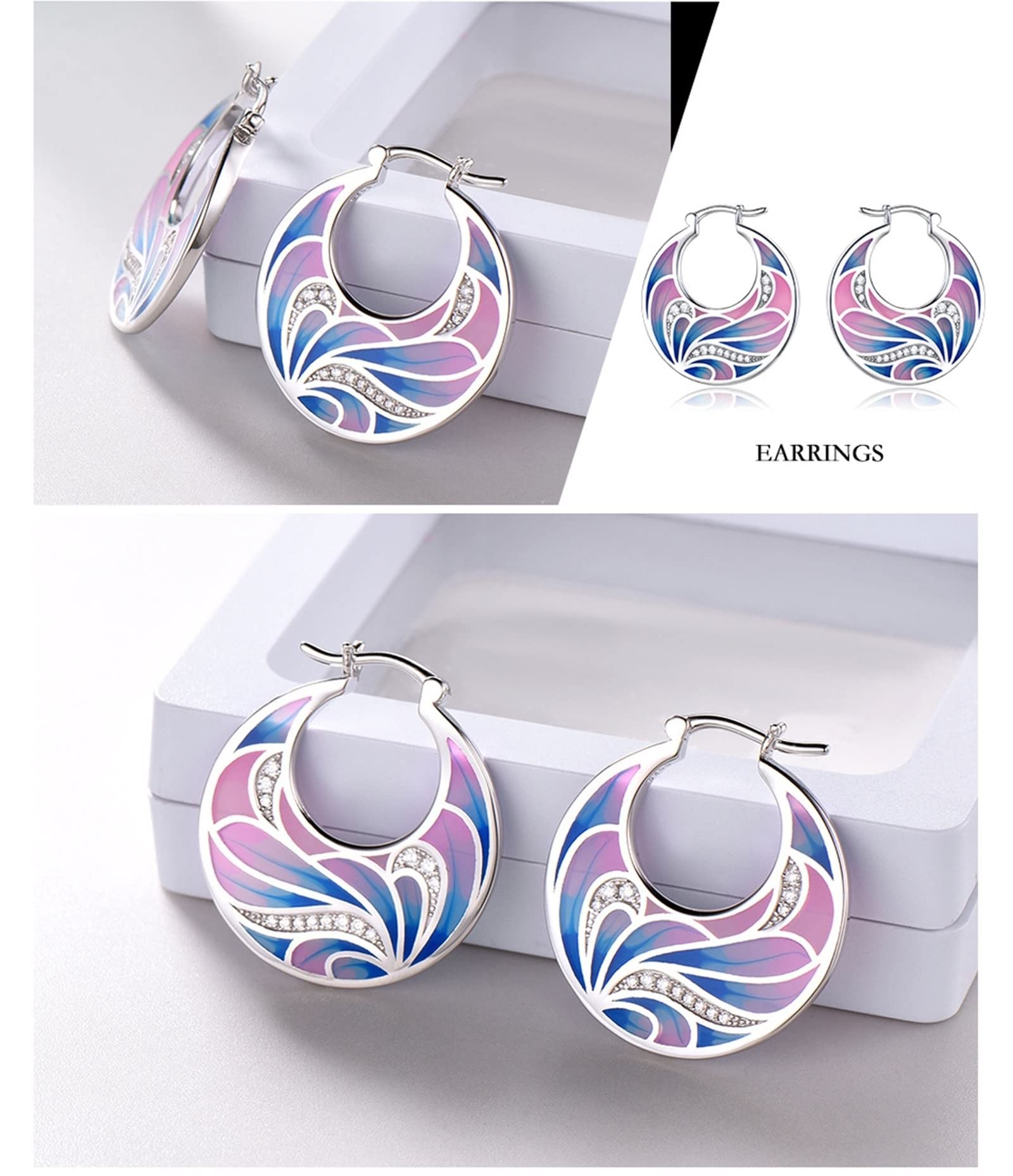 Set di gioielli in argento 925 per le donne, set di gioielli in zircone rosa per le donne smalto fiore orecchino collana e anello gioielli in metallo set