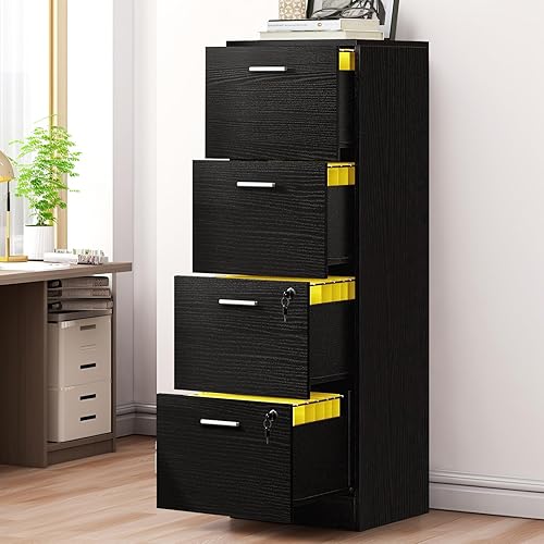 YITAHOME 4 Drawer Office Chest File Cabinets with Lock, 15.86" Deep Vertical Filing Cabinet for Letter A4-Sized Files, Easy Assemble, Storage Drawers Pedestal Cabinet for Home Office, Black