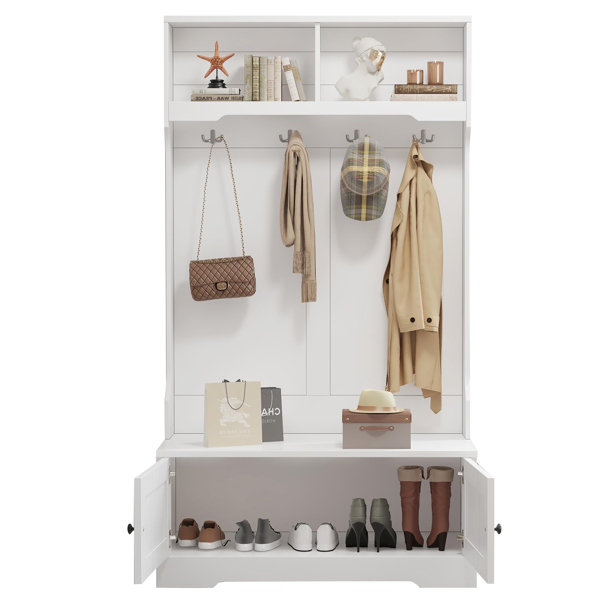 Multifunktionale Garderobenschrank Flur Weiß - Vorzimmer Möbel Set mit Sitzbank, 4 Haken & 2 Ablagefächern, Garderobenset Wandgarderobe Flurmöbel für (101.5x183cm) als Kleider, Schuhspeicher