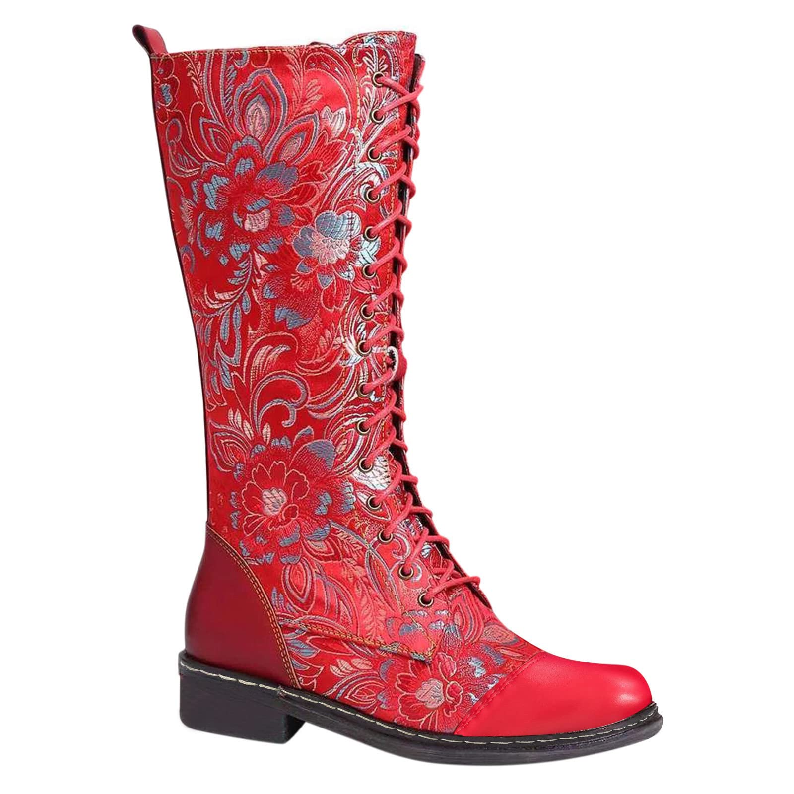 Stiefel für Damen, britische viktorianische Stiefel, klobige Schnürstiefeletten, Bunte Damen-Bikerstiefel, modische, ethnisch bestickte mittelhohe Stiefel, lässige Partyschuhe, Stiefeletten für Damen