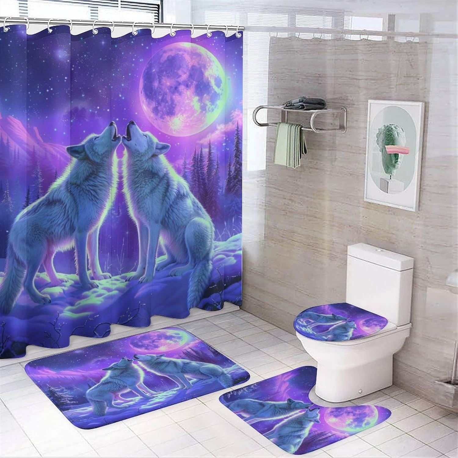 4Pcs Snow Forest Wolf Shower Curtain Set with Toilet Lid Cover U-Shaped Mat and Non-Slip Rugs, Novelty Moon Star Fantasy Nature Shower Curtain Bathroom Decor Set, 72" x 72"