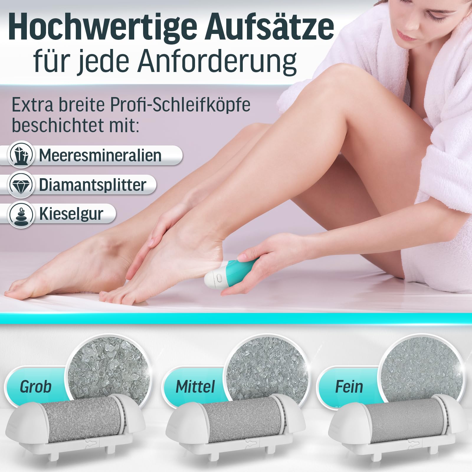 Grundig Hornhautentferner elektrisch Pro - schnell Hornhaut entfernen ohne Bücken - Premium Akku Hornhaut Entferner nass + trocken mit Arbeitslicht, 3 Fuß Rollen, wiederaufladbar