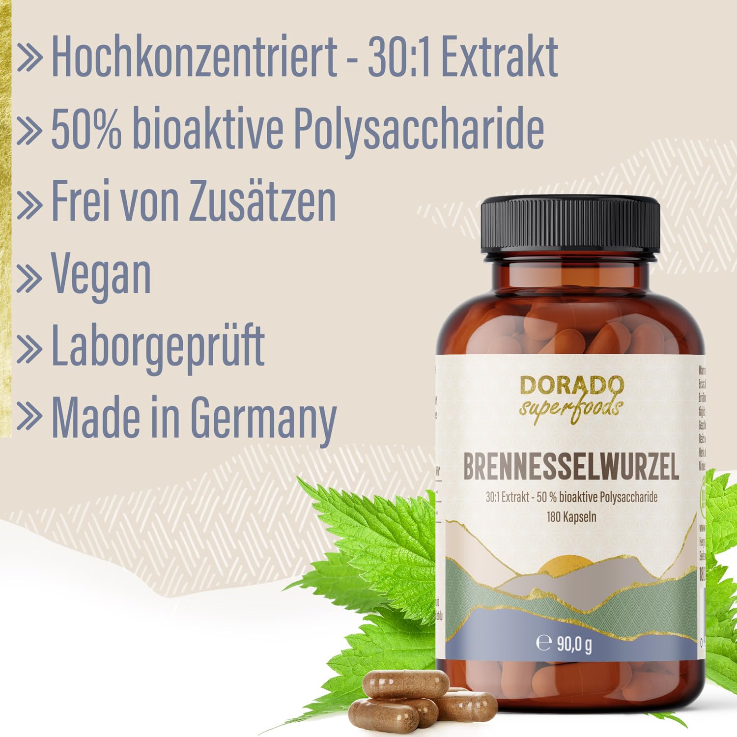 Brennnessel Wurzel Kapseln Hochdosiert – 400 mg 30:1 Extrakt pro Kapsel | 1.200 mg Tagesdosis | Entspricht 36.000 mg Rohwurzel | 50% Polysaccharide | 180 Vegane Kapseln | Dorado Superfoods®