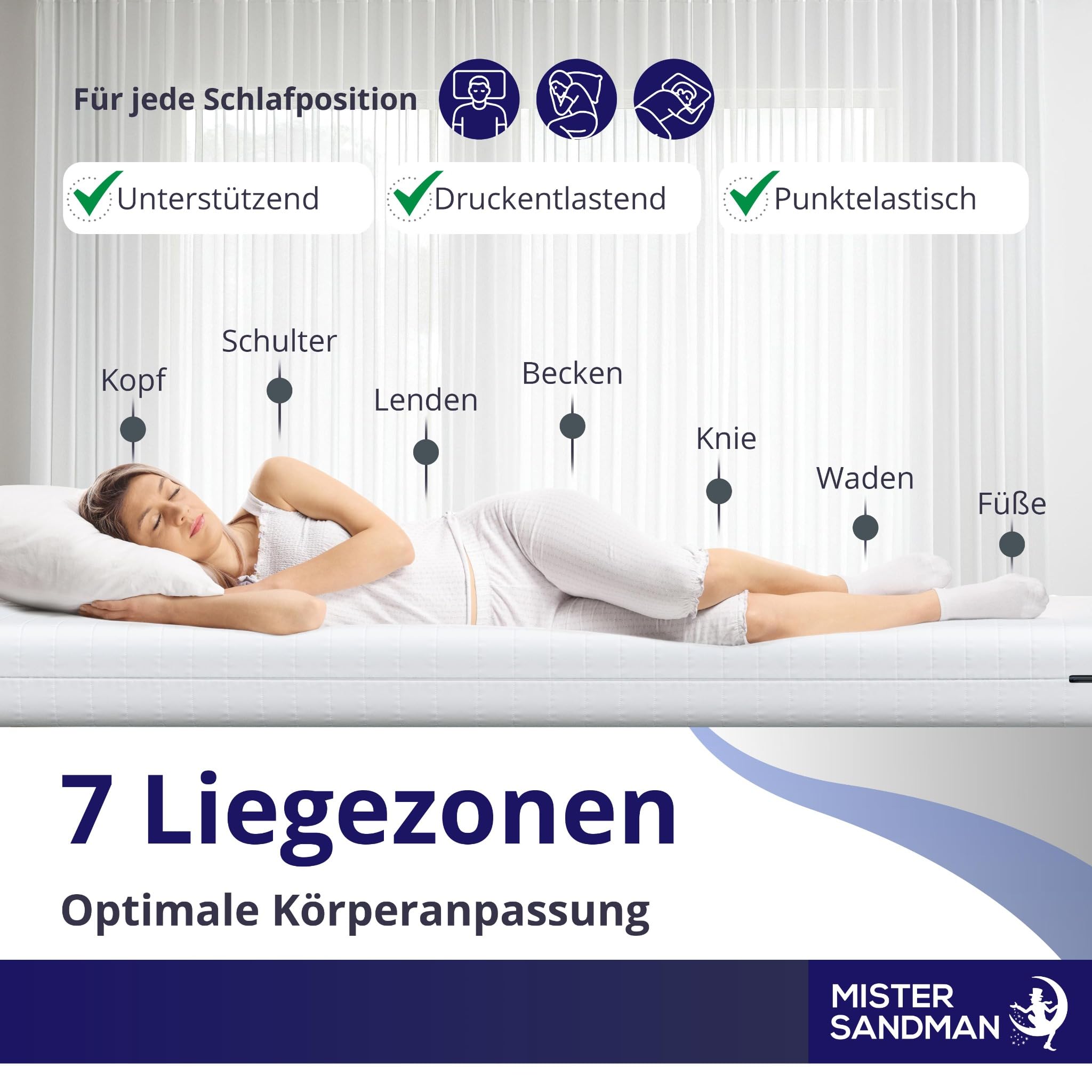 Mister Sandman Kaltschaummatratze 180x190 cm, H2/H3, 18 cm Höhe, Ergonomische 7-Zonen Matratze, Rollmatratze mit waschbarem Bezug, für Seiten-, Rücken- und Bauchschläfer