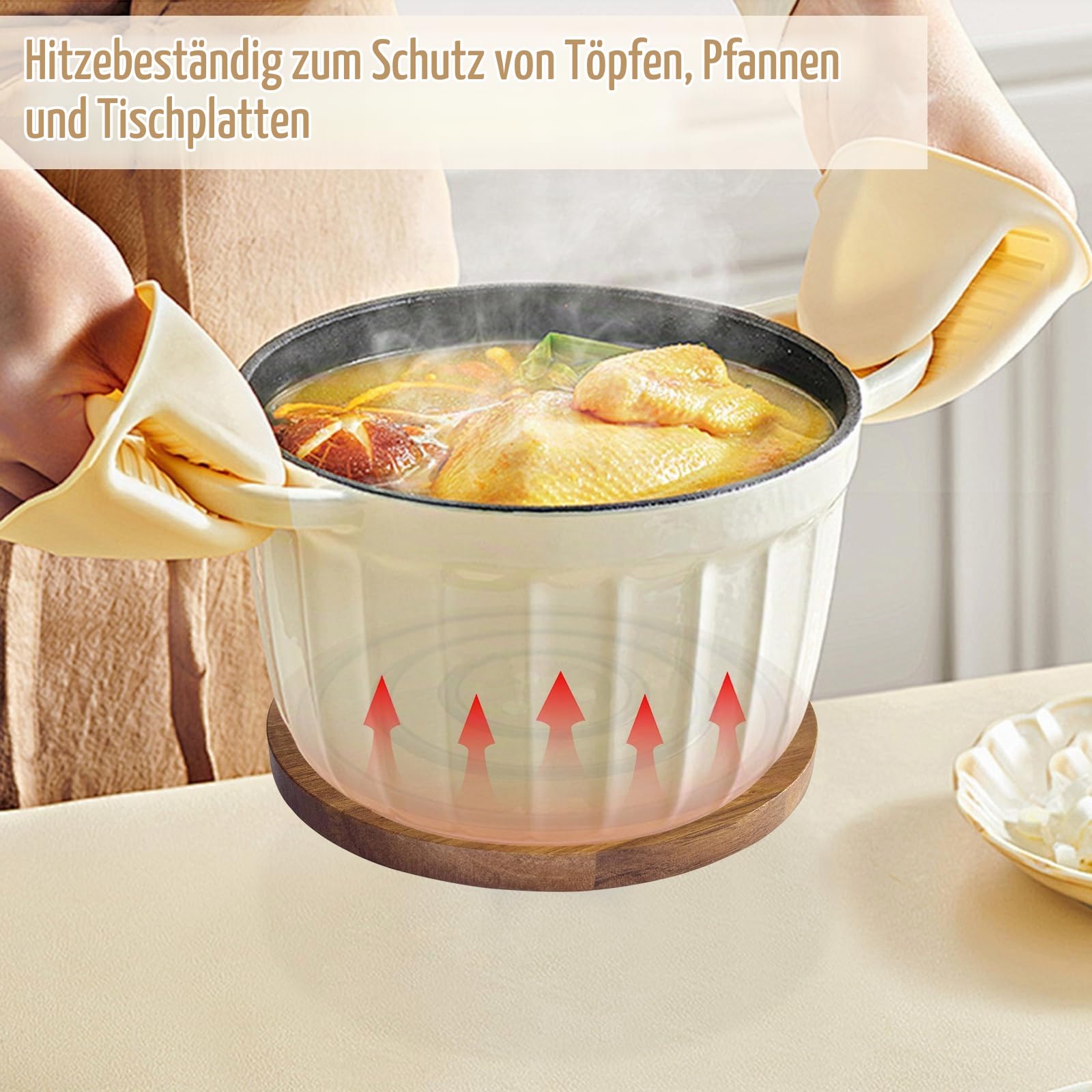 Magnetische Untersetzer aus Holz für heiße Töpfe und Pfannen, hitzebeständiger Untersetzer aus Akazienholz mit gepolsterten Silikonstreifen für Le Creuset Dutch Ovens heiße Gerichte und Töpfe,