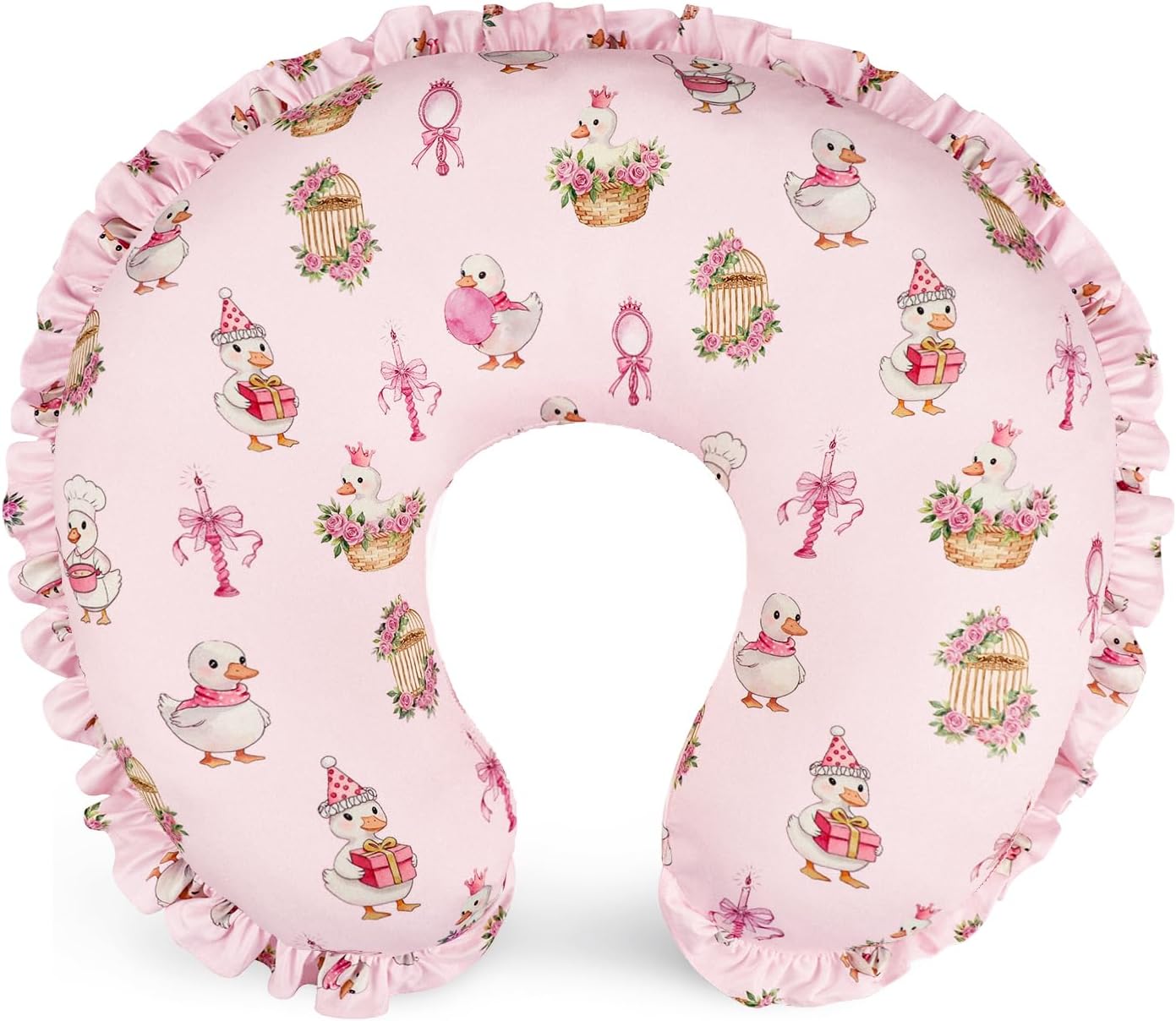 Ruffled Nursing Pillow Cover, Breastfeeding Pillow Cover for Baby Girls, Stretchy Nursing Pillowcase for Infant Newborn, Removable Slipcover for Nursing Pillows, Pink Goose(Only Cover)