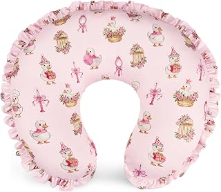 Ruffle Nursing Pillow Cover, Breastfeeding Pillow Cover for Baby Girls, Stretchy Nursing Pillowcase for Infant Newborn, Removable Slipcover for Nursing Pillows, Blue Airplane(Only Cover), Pink Goose