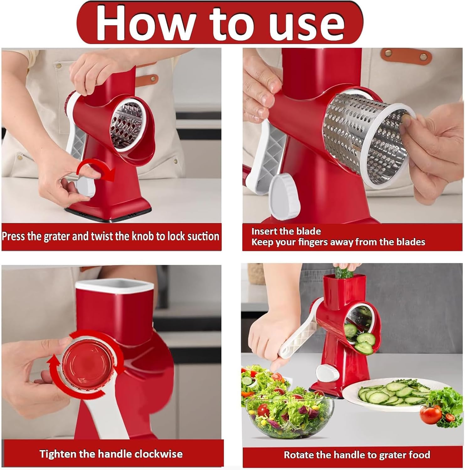 Rotary Vegetable Cheese Grater, Multifunction Hand Crank Grater Slicers with 3 Blades & Easy to Clean Grater, Compact Design & Stable Suction Base, Suitable for Fruit, Vegetables, Nuts