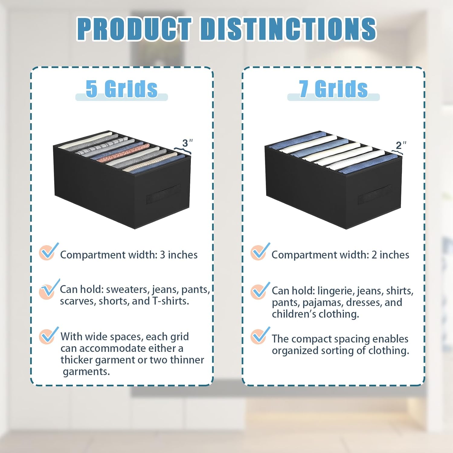 3-Pack Wardrobe Clothes Organizer 7 Grids Pants Organizer for Closet Foldable Closet Organizers and Storage for Jeans Shirts Pants, Black