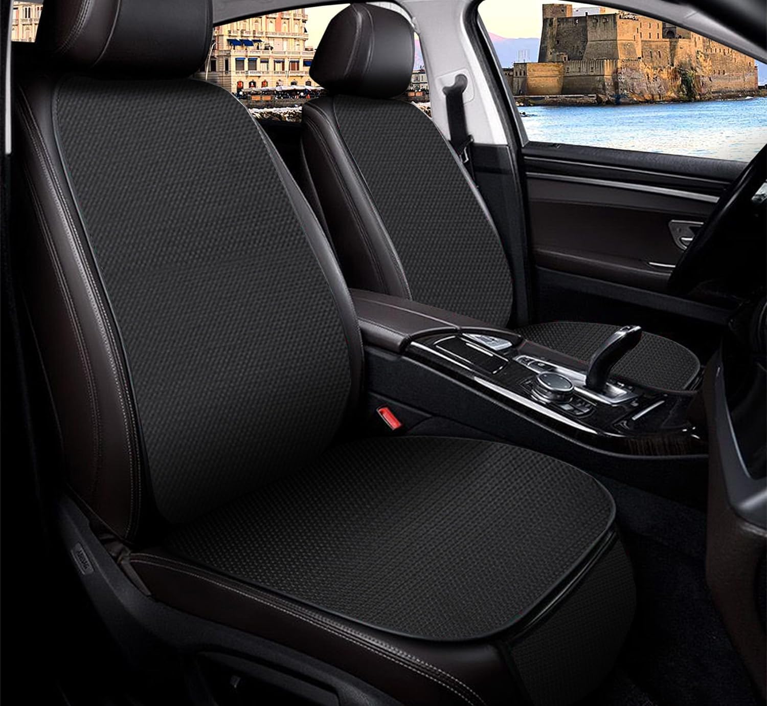 Susy Shop Coprisedile + Coprischienale Universale Auto, Protezione Sedili, Protector Comfort Cuscino Per Interni (Nero 7 Pezzi (Seduta+Schienale))