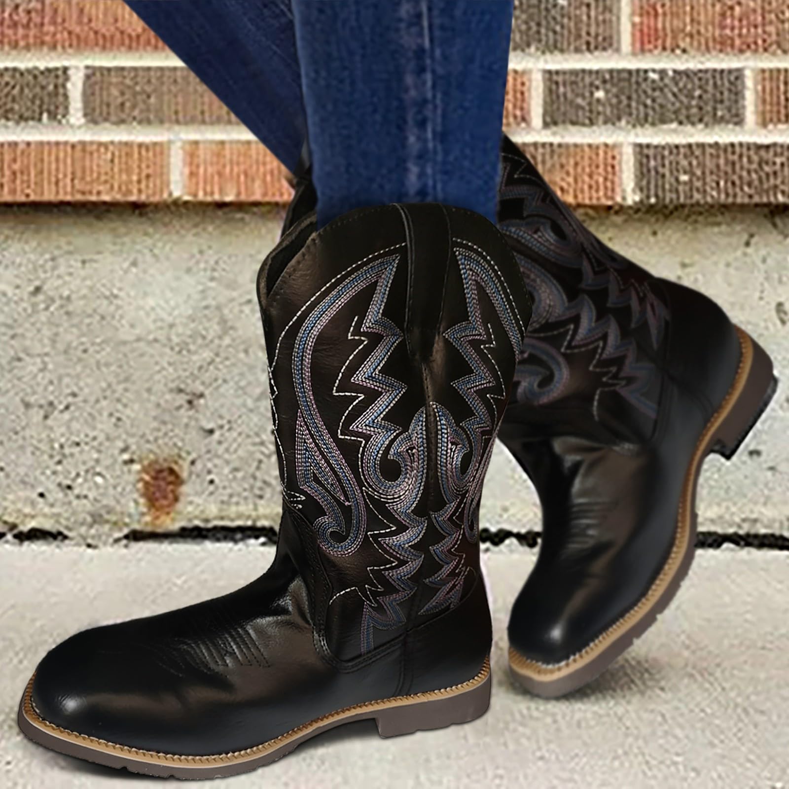 Cowboystiefel Herren Vintage Slip-On Cowboy-Stiefel Westernstiefel Klassisch Cowboy Stiefel Männer Mittlerer Schaft Western Weitbein Cowboyboots Gestickte Blockabsatz Fasching Piratenstiefel