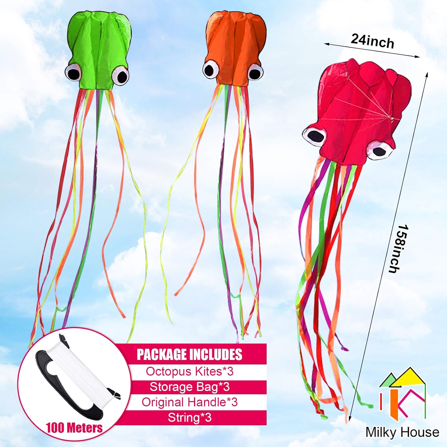 3 Pack Octopus Kite - 3D Beach Kites for People & Kids (Blue, Green, Red) - Easy to Fly, Kite Kit with 100M String