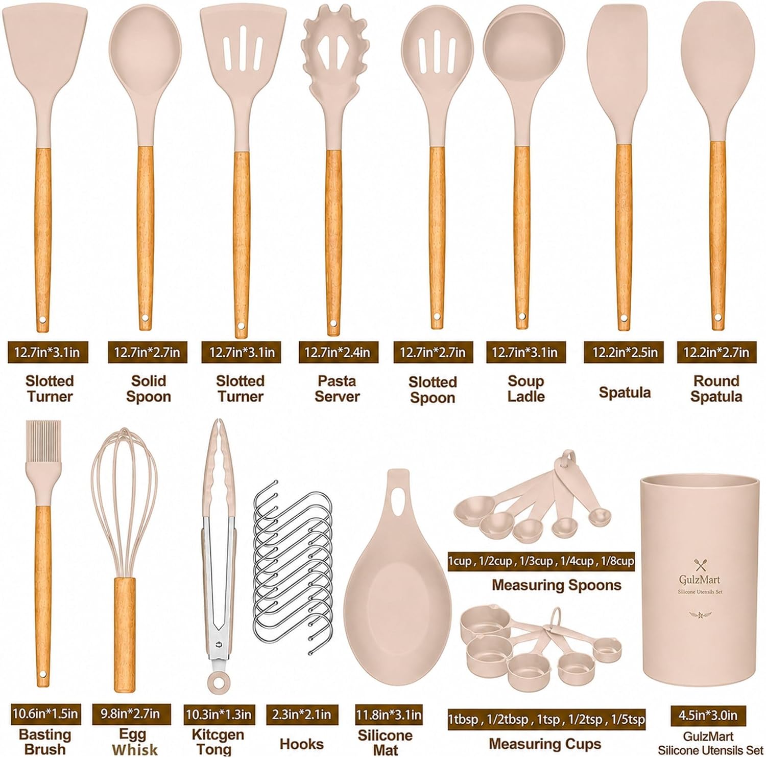 33 PCS Silicone Kitchen Utensils Set– Nonstick Cooking Utensils Set, Heat Resistant Kitchen Gadgets with Wooden Handles, Spatula Spoon Turner Whisk Tongs Cooking Tools Set for Kitchen, Khaki