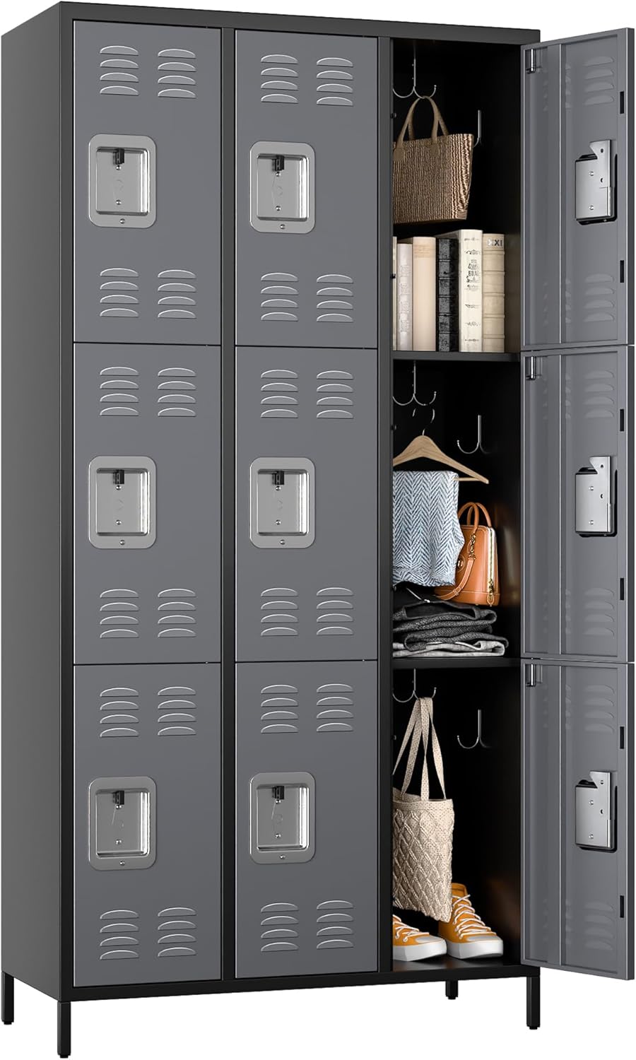 METAN Metal Lockers for School Office Gym Bedroom,9 Doors Black Steel Storage Locker Cabinet for Employees, Assembly Required,Black+Dark Gray