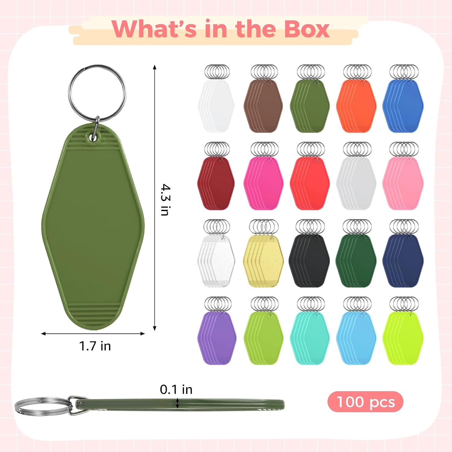 OMISTAR 100 PCS Motel Keychain Blank with Key Rings, 20 Colors Blank Heat Transfer Hotel Keychains, Heat Transfer Key Label
