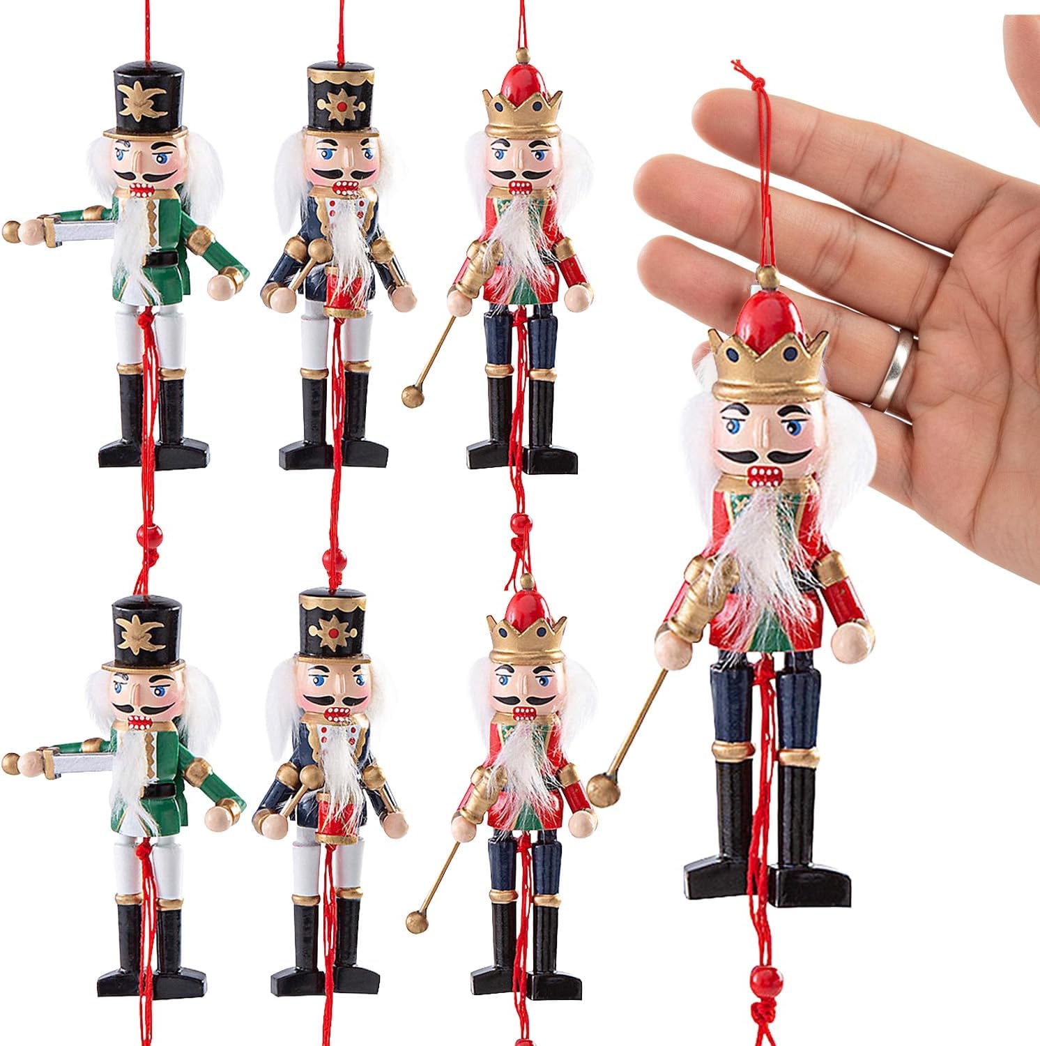 Dancing Nutcracker Pull-String Wood Christmas Ornaments, 6 Pieces