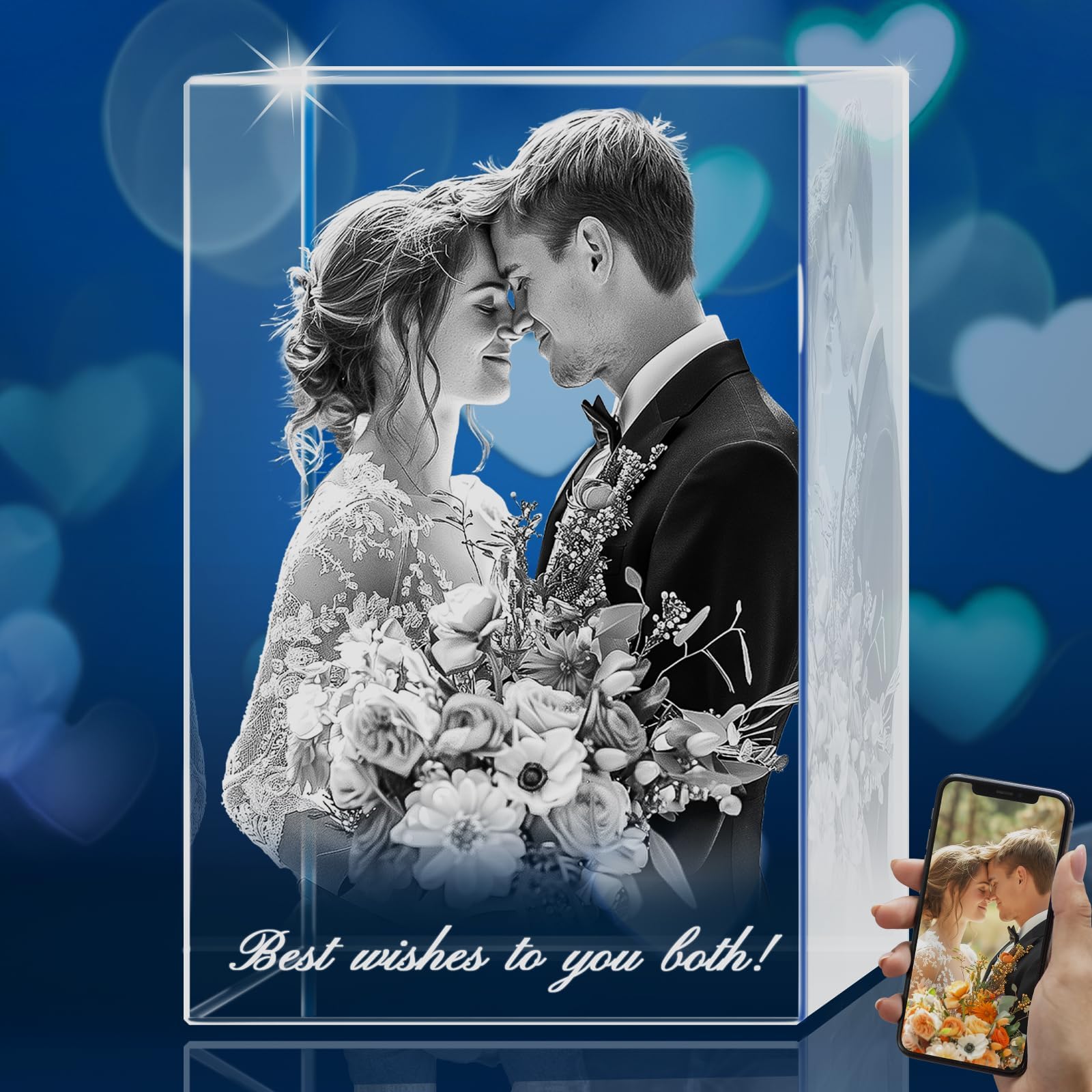 3D Crystal Photo Personalized Custom, Laser Photo Etched Engraved in Crystal with Your Own Photo, Unique Memorial Birthday Engagement Wedding Valentine's Christmas Day Gifts (Portrait, M)