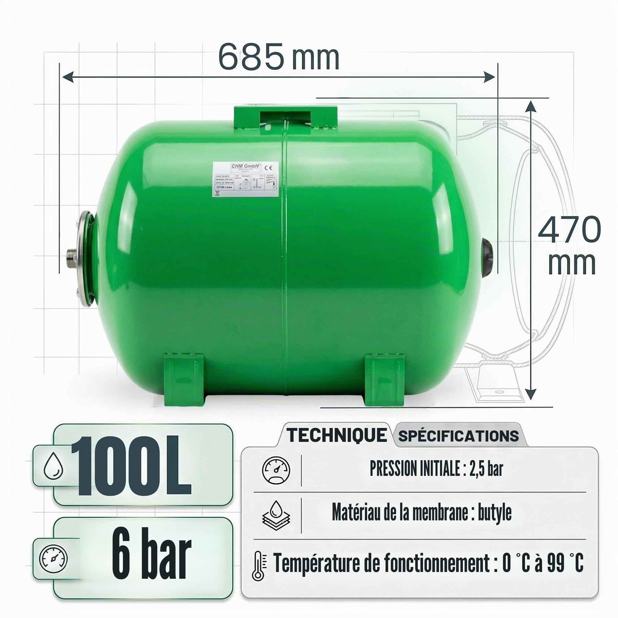 Chaudière à membrane 100 l max. 6 bar Réservoir en acier sous pression