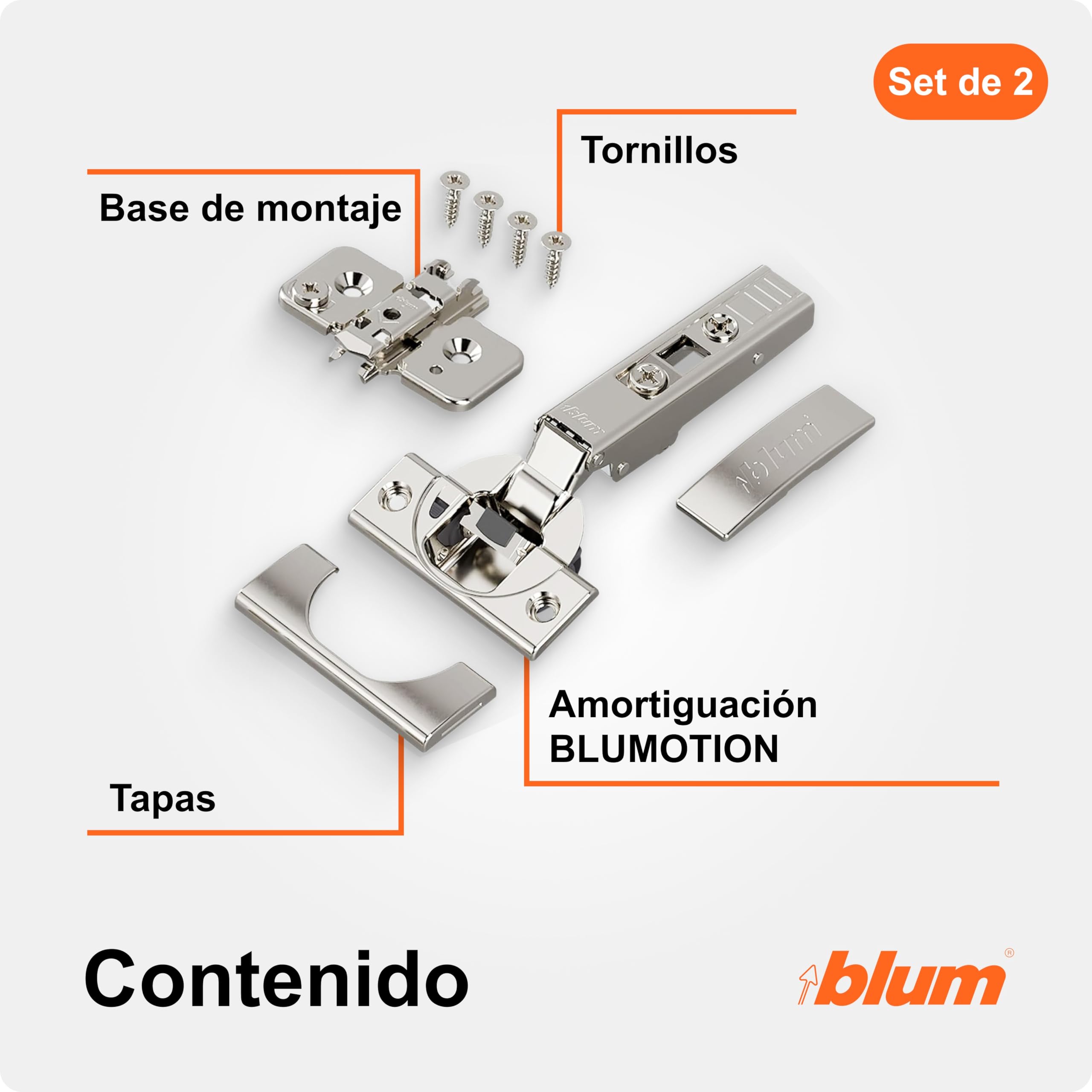 BLUM CLIP TOP BLUMOTION - Bisagra para muebles (2 unidades, 110°, recta, con muelle, tornillos, tope de esquina + placa de montaje en cruz excéntrica, acero, tornillos, distancia de 0 mm)