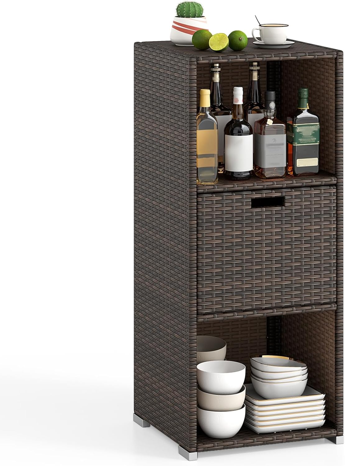 Tangkula Rattan Outdoor Storage Cabinet, Patiojoy Outdoor Wicker Cabinet with 3 Shelves, 1 Removable Drawer, Patio Storage Deck Box for Backyard Poolside Porch
