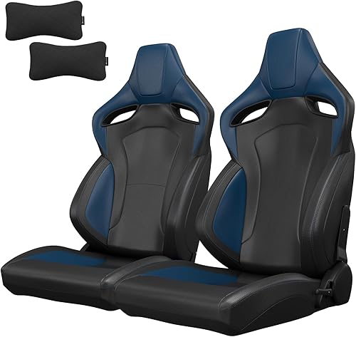 2 asientos universales de carreras con deslizadores de doble bloqueo, 1 par de asientos de cubo de cuero de PVC con dos almohadas para reposacabezas