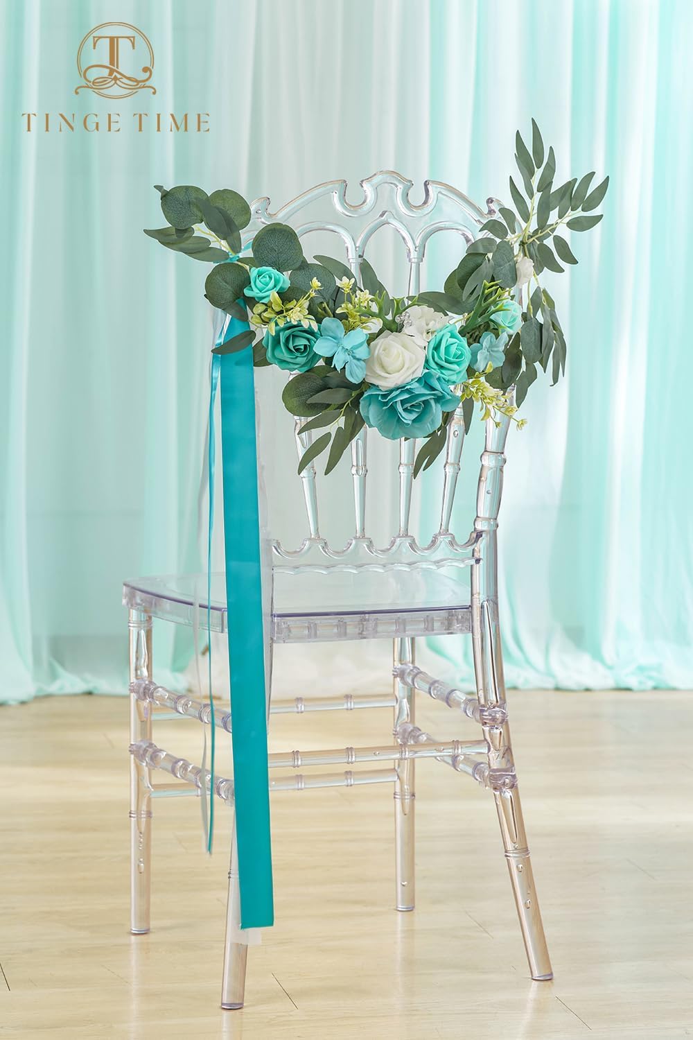 TINGE TIME 2pcs Artificial Flowers Candelabras Decoration, Teal Blue Floral Swag Greenery Garland for Rose Candle Rings for Wedding Ceremony Lantern Chair Decor Signs Decoration