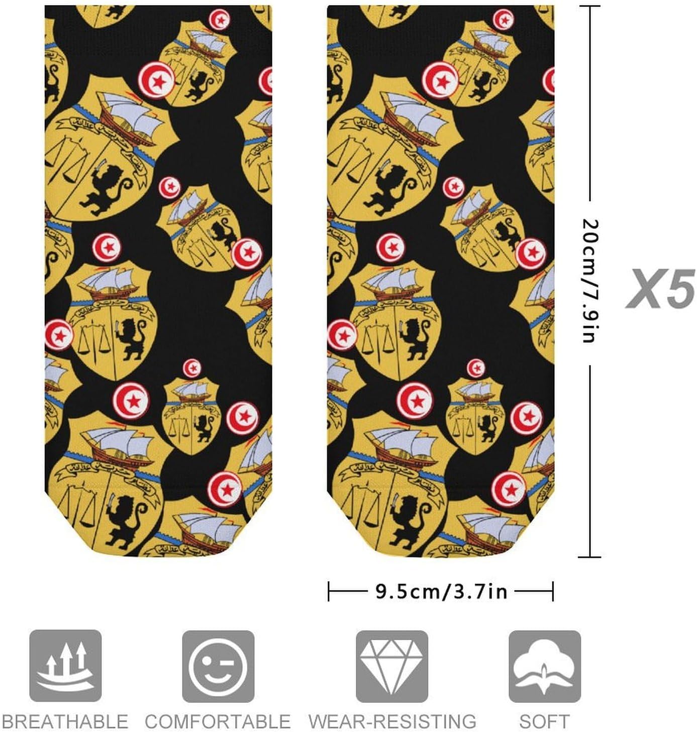 Coat of Arms of Tunisia No Show Ankle Socks Low Cut Non Slip Flat Boat Line 5 Pairs Set