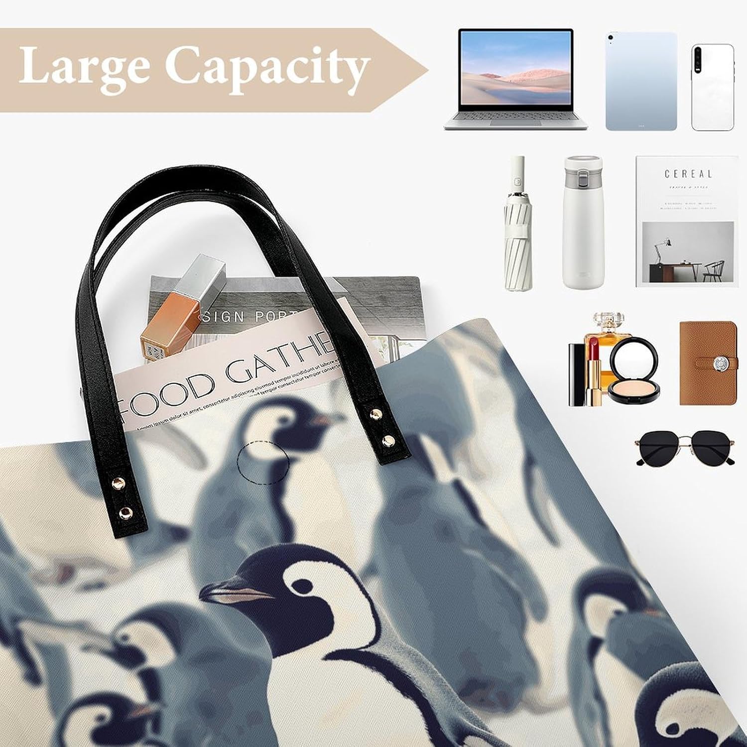 Cute Penguin Animal Pattern Handbags Large Capacity, Tote Bag Stylish Slouchy, Shoulder Bags for Work Beach Travel And Shopping Grocery.