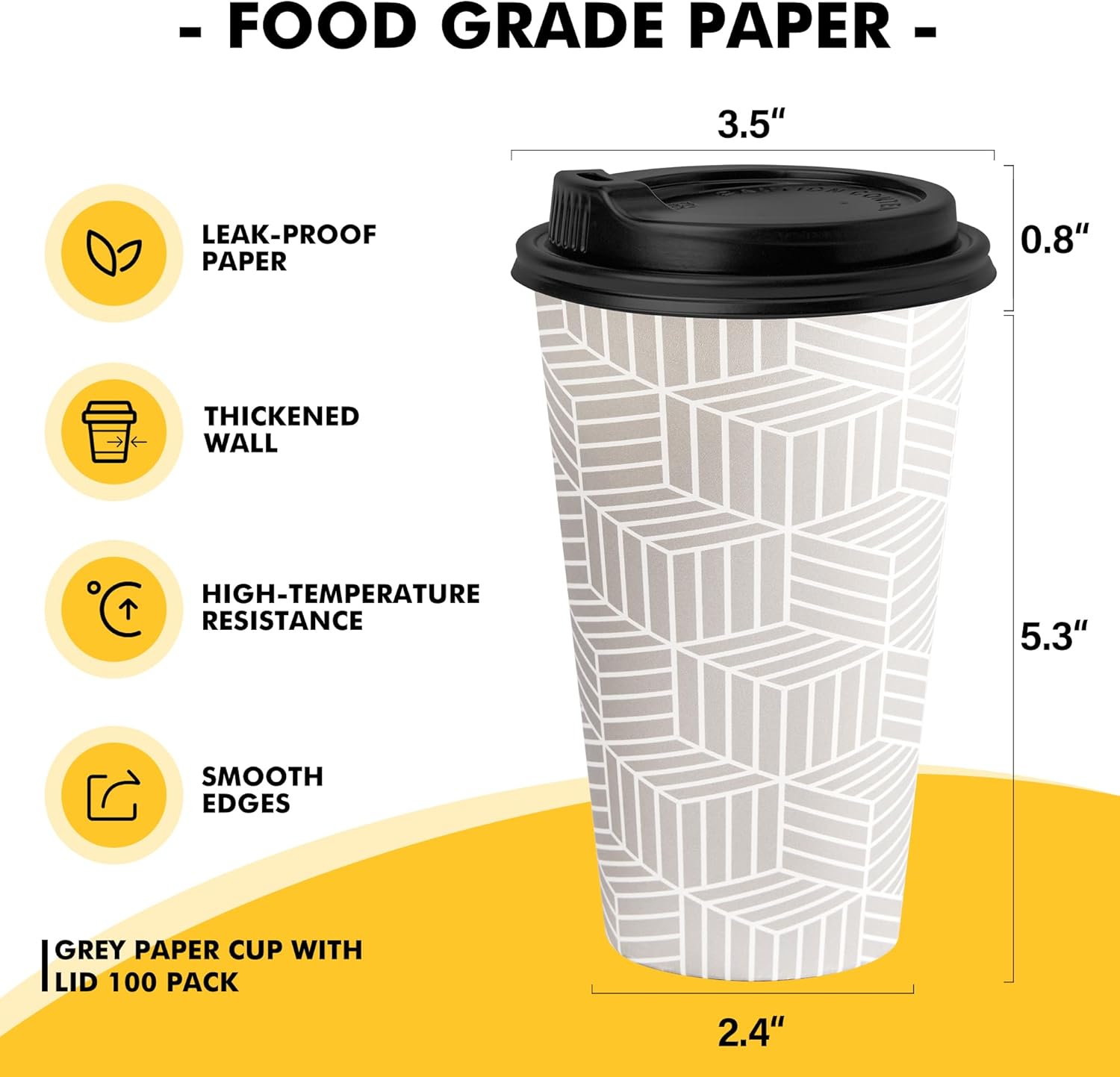 RACETOP 16 oz Disposable Coffee Cups with Lids 100 Pack, Grey Paper Coffee Cups with Lids, To Go Cup with Lid - Image 2
