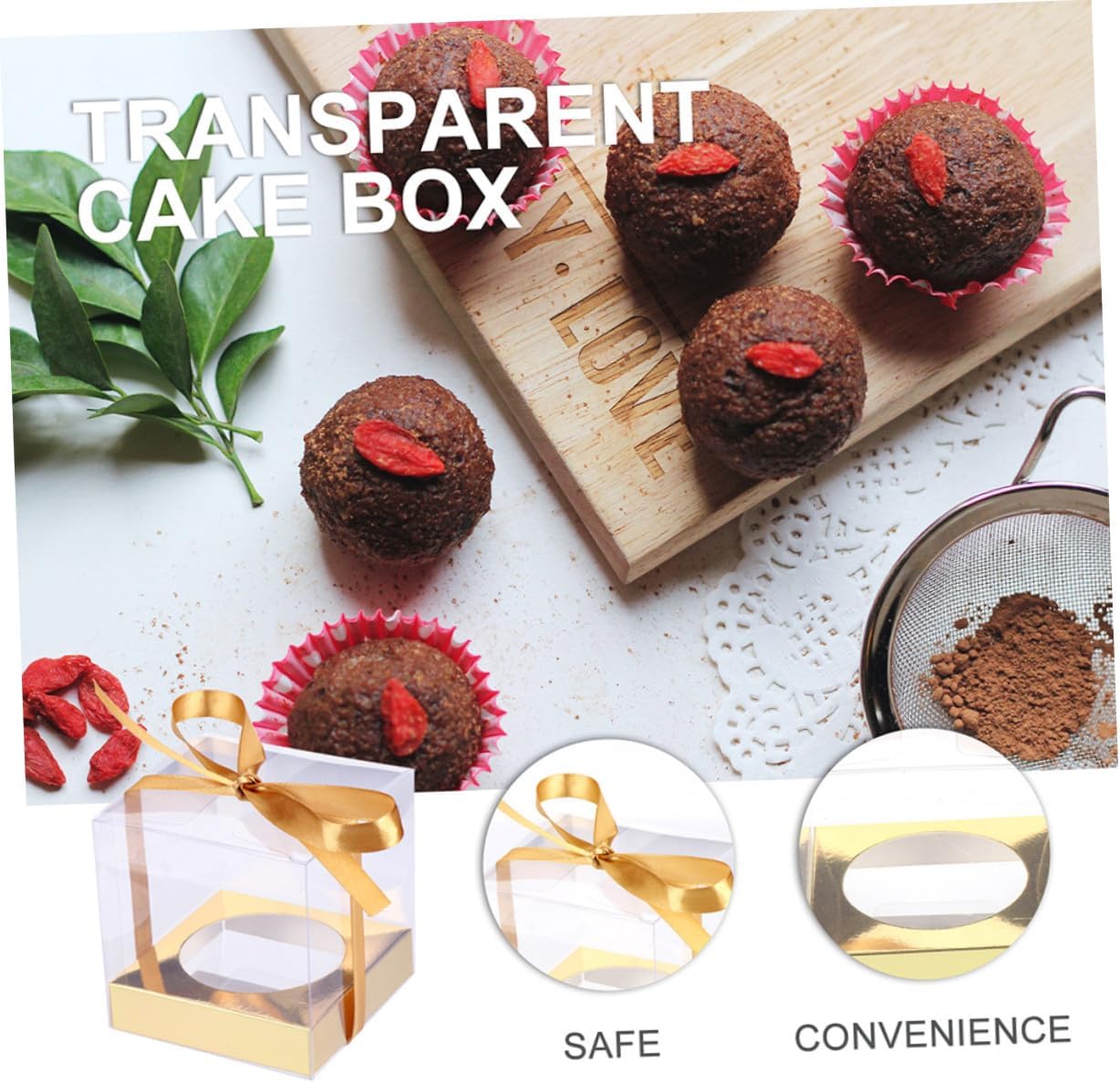 jojofuny Pvc Food Wrapping Cake Boxes with Gold Ribbon 9x9x9cm 24pcs Folding Dessert Storage Cases for Bakery Party Wedding